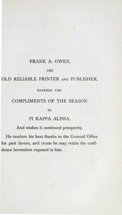Frank A. Owen Advertisement, December 1906